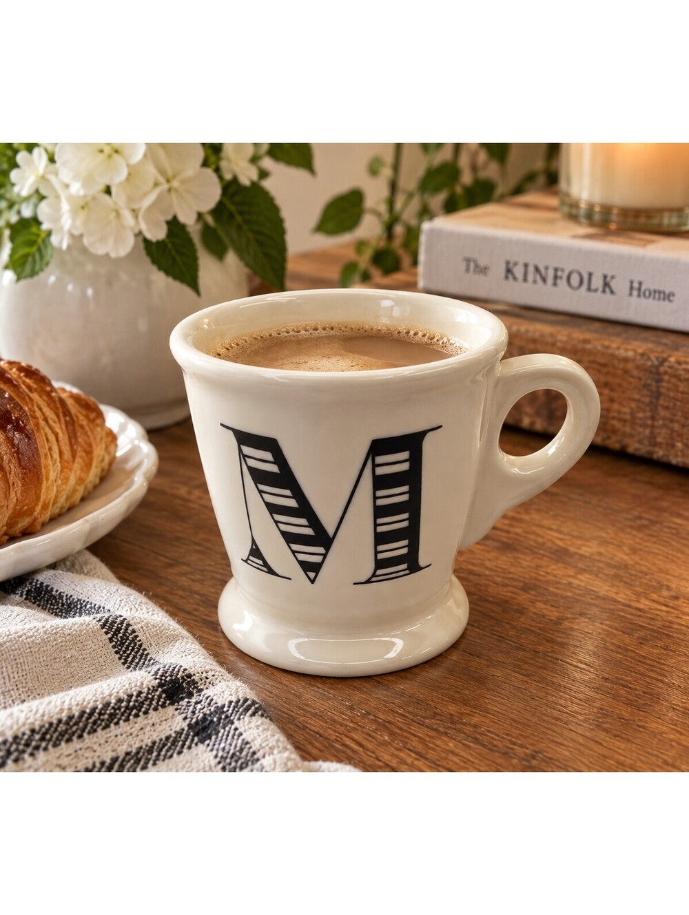 Anthropologie Monogram M Mug Black Cream Footed Coffee Cup Discontinued